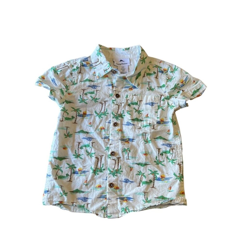 Tommy Bahama Boy Palm Trees Hawaiian Button Shirt Size‎ 4T Modern Beach Travel
